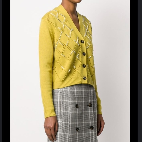 Alexa Chung Mabel Pearl Wool Blend Embroidered Cardigan In Chartreuse fits M-L - Picture 3 of 9